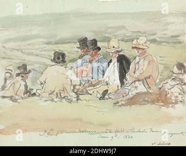 Faucheuses in the Field in Porchester Terrace, Bayswater, 9 juin 1830, John Linnell, 1792–1882, British, 1830, Aquarelle sur graphite sur papier légèrement épais, légèrement texturé, crème, feuille : 5 3/4 x 7 3/8 pouces (14.6 x 18.7 cm), communauté, manger, champs, amis, genre sujet, collines, travail, paysage, hommes, tondeuses, pelouse, repos, top chapeaux, vallée, Bayswater, City of Westminster, Angleterre, Grand Londres, Londres, Porchester Terrace, Royaume-Uni Banque D'Images