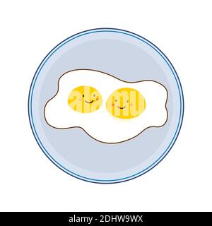 Omelette deux jaunes avec des visages doux souriants de dessin animé sur un plateau avec une bordure bleue, de style plat, isolé sur blanc. Illustration de Vecteur