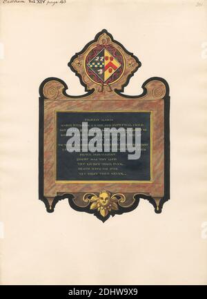 Mémorial à Mary Heigham de l'église East Ham, Daniel Lysons, 1762–1834, Britannique, entre 1796 et 1811, stylo et encre noire, aquarelle et gouache sur graphite sur papier de vélin moyen, légèrement texturé, crème, feuille : 14 3/4 × 11 3/4 pouces (37.5 × 29.8 cm), sujet architectural, église, mémorial, East Ham, Angleterre, Grand Londres, Londres, Église paroissiale Sainte-Marie-Madeleine, Royaume-Uni Banque D'Images