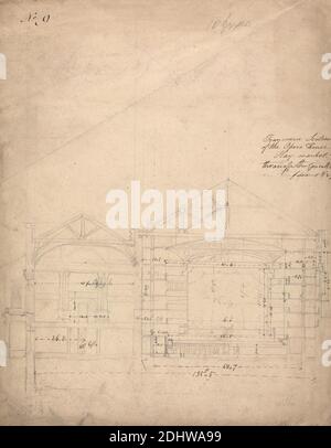 Her Majesty's Theatre, Haymarket, Londres: Section transversale, Augustus Welby Northmore Pugin, 1812–1852, British, Augustus Charles Pugin, 1762–1832, French, 1823, Graphite et stylo et encre brune sur papier à feuilles moyennement épais, doux, beige, feuille : 15 × 11 7/8 pouces (38.1 × 30.2 cm), sujet architectural, architecture, salles de concert, design, opéras, sections transversales, Angleterre, Londres, Royaume-Uni Banque D'Images