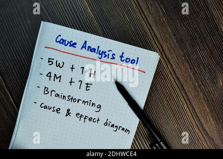 Outil d'analyse de cause avec mots-clés écrire sur les notes adhésives isolées sur la table en bois. Banque D'Images
