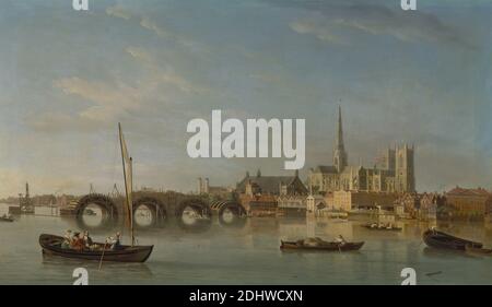 The Building of Westminster Bridge, Samuel Scott, 1701/2–1772, British, v. 1742, huile sur toile, support (PTG) : 27 x 47 pouces (68.6 x 119.4 cm), abbaye, bateaux, pont (travaux de construction), bâtiment, paysage urbain, paysage urbain, construction, rivière, barques, Cité de Westminster, Angleterre, Europe, Grand Londres, Londres, Thames, Royaume-Uni, Westminster, Abbaye de Westminster, pont de Westminster Banque D'Images