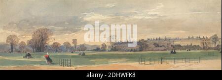 Cumberland Terrace, Regent's Park : une vue vers la porte de Gloucester, une troupe de gardes de la vie s'exerçant à droite, Thomas Shotter Boys, 1803–1874, British, ca. 1840, Aquarelle avec gouache et graphite sur papier vélin beige modérément épais, légèrement texturé, feuille: 4 1/2 x 35.6 cm (14 x 11.5 pouces), bâtiments, clôture, figures, genre sujet, gardes (sécurité), paysage, loisir, parc (terrain), clocher, arbres, uniformes, Cumberland Terrace, Angleterre, Europe, Londres, The Regent's Park, Royaume-Uni Banque D'Images