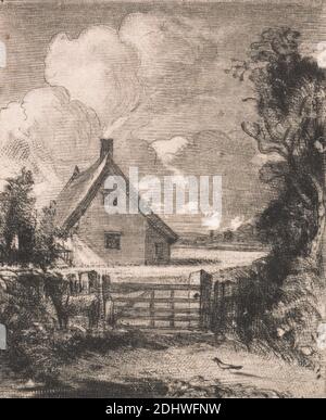 Cottage dans un champ de maïs, attribué à David Lucas, 1802–1881, britannique, après John Constable, 1776–1837, britannique, 1844, Etching et roulette sur papier de vélin crème modérément épais, légèrement texturé, feuille: 8 x 7 pouces (20.3 x 17.8 cm), plaque: 3 x 2 1/8 pouces (7.6 x 5.4 cm), et image: 2 1/4 x 1 7/8 pouces (5.7 x 4.8 cm), nuages, cornfield, chalet, porte, cheval (animal), paysage, poney, arbres, mur, Angleterre, Europe, Royaume-Uni Banque D'Images