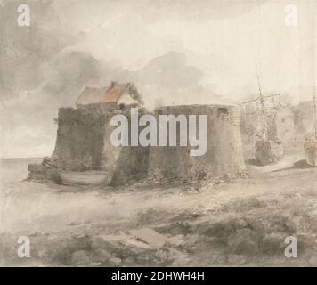 Tenby, Heneage Finch quatrième comte d'Aylesford, 1751–1812, britannique, non daté, stylo, encre grise, encre brune, lavage gris, et lavage brun sur papier fin, légèrement texturé, crème, feuille: 8 3/8 × 9 3/4 pouces (21.3 × 24.8 cm), sujet architectural, port, paysage, murs, Europe, Pembrokeshire, Tenby, Royaume-Uni, pays de Galles Banque D'Images