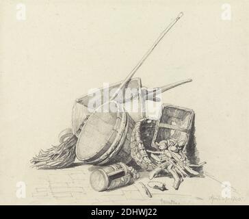 STILL Life with Wheelbarrow and paniers, 27 avril 1840, Henry Harris Lines, 1801–1899, British, 1840, Graphite on Medium, Smooth, crème wove Paper, feuille: 8 5/8 × 10 3/8 pouces (21.9 × 26.4 cm), paniers, mop, STILL Life, Wheelbarrow Banque D'Images