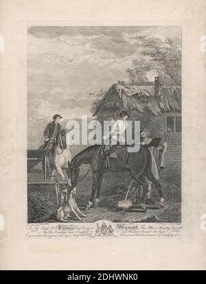 Un ensemble de sept, sans titre, chacun consacré: À la droite Hon'ble. Thomas Lord Viscount Weymouth...from la peinture originale dans le long Leat Hall. Centre, un gris tenu par un serviteur de chasse, avec d'autres chevaux et des monticules..., L. Truchy, 1721–1764, Pierre Charles Canot, ca. 1710–1777, français, actif en Grande-Bretagne, après John Wootton, 1682–1764, britannique, 1735, gravure, feuille : 19 1/2 x 15 3/4in. (49.5 x 40cm Banque D'Images