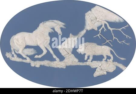 Cheval effrayé par un Lion (épisode A), Josiah Wedgwood, 1730–1795, British, et Thomas Bentley, 1731–1780, British, d'après George Stubbs, 1724–1806, British, modélisé en 1780, Jasper bleu Uni avec relief blanc, ovale peu profond, image: 10 × 16 pouces (25.4 × 40.6 cm) et globale: 15 × 20 1/2 × 2 3/4 pouces (38.1 × 52.1 × 7 cm), art des animaux, bleu, peur, cheval (animal), lion, ovale, rochers (relief), blanc Banque D'Images