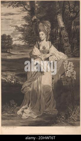 Catherine, Lady Bampfylde, imprimé par Thomas Watson, 1743–1781, British, d'après Sir Joshua Reynolds RA, 1723–1792, British, publié par William Dickinson, 1746–1823, British, 1779, Mezzotint sur papier moyen, légèrement texturé, crème, feuille: 25 7/8 × 15 3/4 pouces (65.7 × 40 cm), plaque: 25 × 14 7/8 pouces (63.5 × 37.8 cm), et image: 23 1/2 × 14 7/8 pouces (59.7 × 37.8 cm), étude de figure, lys, pansy, perles, piédestal, arbres, femme Banque D'Images