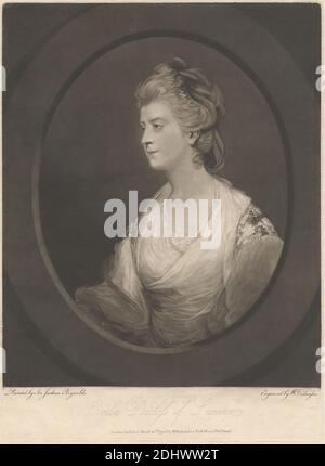 Emilia, Duchesse de Leinster, imprimé par William Dickinson, 1746–1823, British, d'après Sir Joshua Reynolds RA, 1723–1792, British, publié par William Richardson, active 1778–1812, 1796, Mezzotint sur papier légèrement épais, légèrement texturé, beige, feuille: 16 5/8 x 12 5/16 pouces (42.2 x 31.3 cm), plaque: 15 1/16 x 10 7/8 pouces (38.2 x 27.7 cm), et image: 10 9/16 x 8 9/16 pouces (26.8 x 21.7 cm), boucles, robe, duchesse, broderie, regard, cheveux, ovale, portrait, pose, profil, femme Banque D'Images