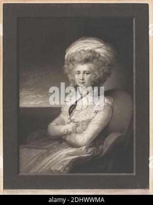 Mme Cosway, imprimé par Valentine Green, 1739–1813, British, d'après Maria Hadfield Cosway, 1759–1838, British, publié par Rupert Green, vers 1768–1804, British, 1787, Mezzotint sur du papier crème modérément épais, modérément texturé, feuille: 17 3/8 × 13 3/4 pouces (44.1 × 34.9 cm) et image: 16 1/2 × 12 7/8 pouces (41.9 × 32.7 cm), artiste, chaise, costume, croix (objet), boucles d'oreilles, fichu, robe, chapeau, ligne d'horizon, mousseline, portrait, volants, autoportrait, turban, femme Banque D'Images