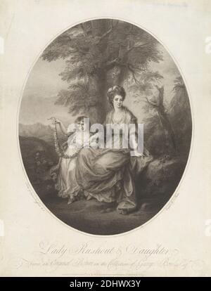 Lady Rushout et sa fille, imprimé par Thomas Burke, 1749–1815, British, d'après Angelica Kauffmann RA, 1741–1807, Swiss, active en Grande-Bretagne (1766–81), publié par William Dickinson, 1746–1823, British, 1784, gravure à l'effilage, mezzotint et gravure sur papier crème modérément épais, légèrement texturé, feuille : 17 1/16 × 13 1/16 pouces (43.3 × 33.2 cm) et image: 13 1/4 x 10 9/16 pouces (33.6 x 26.9 cm), beauté, enfant, fille, robe de fantaisie, fleurs (plantes), guirlandes, cheveux, dame, paysage, mère, ovale, perles, portrait, assis, arbres Banque D'Images