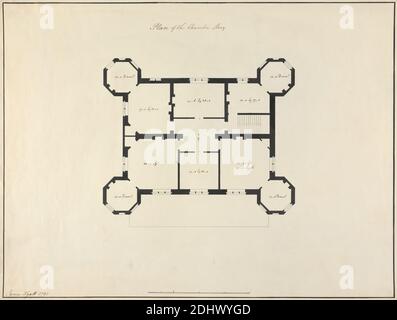 Cinq dessins pour une maison dans le style gothique: Plan de l'histoire de la Chambre, James Wyatt, 1746–1813, British, 1791, stylo et encre noire sur modérément épais, légèrement texturés, papier vélin crème, feuille: 17 3/4 × 23 3/8 pouces (45.1 × 59.4 cm), sujet architectural, octogonal, plan (dessin), escaliers Banque D'Images