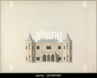 Cinq dessins pour une maison dans le style gothique : Elevation, James Wyatt, 1746–1813, British, 1791, Aquarelle et gris laver sur stylo et encre noire sur papier vélin crème modérément épais, légèrement texturé, feuille : 43 1/4 × 23 3/8 pouces (109.9 × 59.4 cm), sujet architectural, cheminées (éléments architecturaux), élévations (dessins), escaliers Banque D'Images