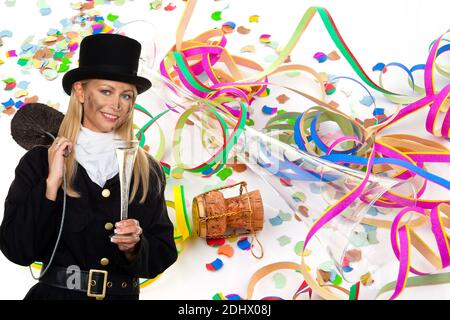 Weiblicher Schornsteinfeger zu Silvester, Fotomontage, Konfetti und Luftschlangen, Banque D'Images