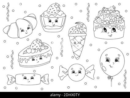 Livre de coloriage pour enfants. Thème joyeux anniversaire. Personnages joyeux. Illustration vectorielle. Joli dessin animé. Silhouette de contour noire. Isolé sur le coup Illustration de Vecteur