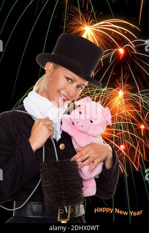 Schornsteinfeger vor Feuerwerk zu Silvester, Fotomontage, Banque D'Images