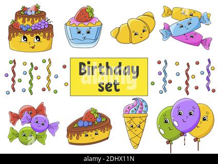 Ensemble d'autocollants avec de jolis personnages de dessin animé. Thème joyeux anniversaire. Dessiné à la main. Pack coloré. Illustration vectorielle. Collection de badges patch. Label des Illustration de Vecteur