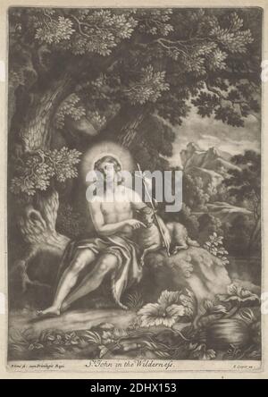 St. John in the Wilderness, imprimé par Bernard Lens, 1659–1725, Britannique, non daté, Mezzotint sur papier crème moyen, modérément texturé, feuille: 12 3/16 × 8 9/16 pouces (31 × 21.7 cm), plaque: 11 1/16 × 7 13/16 pouces (28.1 × 19.8 cm), et image: 10 3/4 × 7 3/4 pouces (27.3 × 19.7 cm), pieds nus, cheveux de chameau, croix (objet), croix (motifs), halos, Jean-Baptiste; attributs possibles: Livre, croix de roseau, coupe baptismal, nid d'abeille, agneau, personnel - début de vie de saint, agneau, montagne, obéissance, prophète, roseau, sujet religieux et mythologique, assis, arbres, vignes, désert Banque D'Images
