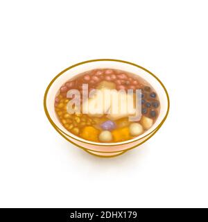 The digital painting of Taiwan Douhua soybean dessert (Taiwanese traditional tofu pudding sweet jelly) isometric icon raster illustration on white bac Stock Photo