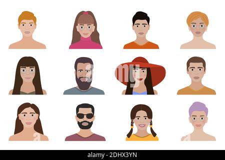 Visages complets des jeunes isolés sur fond blanc. Jeu d'illustrations vectorielles. Avatars pour réseaux sociaux. Illustration de Vecteur