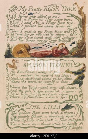 Songs of innocence and of Experience, plate 47, « My Pretty Rose Tree » (Bentley 43), William Blake, 1757–1827, British, 1794, relief imprimé en couleur avec aquarelle sur du papier vélin crème modérément épais, légèrement texturé, feuille: 7 1/4 x 4 3/4 pouces (18.4 x 12.1 cm) et plaque: 4 3/8 x 2 3/4 pouces (11.1 x 7 cm), oiseaux, branches, sujet historique, agenouillement, feuilles, texte, arbres, végétation, vignes, femmes Banque D'Images
