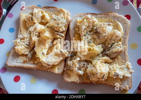 Œufs brouillés avec maquereau fumé sur pain grillé. Banque D'Images