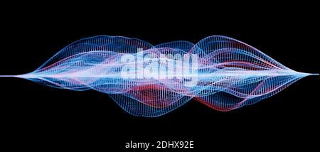 Structure de grille filaire abstraite moderne, arrière-plan virtuel, ondes sonores audio, concept de science ou de données, visualisation des ondes sonores, rendu 3D cgi Banque D'Images
