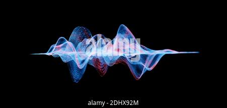 Structure de grille filaire abstraite moderne, arrière-plan virtuel, ondes sonores audio, concept de science ou de données, visualisation des ondes sonores, rendu 3D cgi Banque D'Images