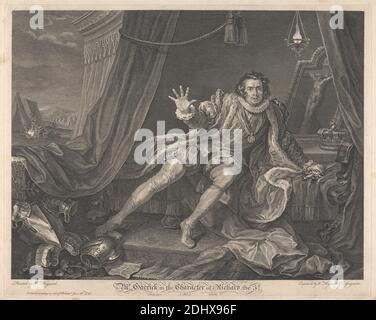 M. Garrick dans le personnage de Richard le troisième - 'Richard III', Act V, scène VII, William Hogarth, 1697–1764, britannique, Charles Grignion, 1717–1810, britannique, après William Hogarth, 1697–1764, britannique, 1746, gravure, feuille: 16 1/2 x 10 1/2in. (41.9 x 26,7 cm), armure, crucifix, poignard, peur, thème littéraire, camp militaire, Richard III, pièce de William Shakespeare, tentes Banque D'Images