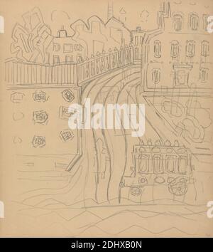 Grotte du veau d'or: City Street avec Omnibus, Spencer Frederick Gore, 1878–1914, British, 1912, Graphite et stylo et encre noire sur moyen, légèrement texturé, papier vélin beige, feuille: 12 x 10 3/4 pouces (30.5 x 27.3 cm), art des animaux, bois, sujet architectural, attaque, pont (travaux de construction), bâtiments, cabaret, Veau (animal), paysage urbain, danse, décoratif, design, étude de figure, figures (représentations), lion, boîte de nuit, omnibus, rue, conception de théâtre, culte, Cité de Westminster, Angleterre, Europe, Londres, la Grotte du veau d'or, Royaume-Uni Banque D'Images