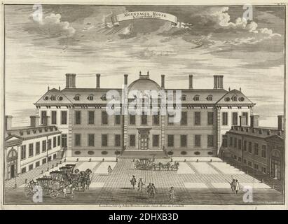 Montague House, Sutton Nicholls, active 1725, British, 1731-1748, gravure, sujet architectural, voitures, chevaux (animaux), manoir, piétons Banque D'Images