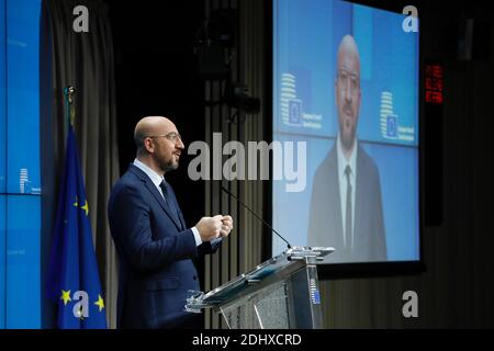 New York, États-Unis. 12 décembre 2020. Le président du Conseil européen Charles Michel s'adresse au Sommet sur l'ambition climatique par liaison vidéo à Bruxelles, Belgique, le 12 décembre 2020. (Union européenne/document via Xinhua) crédit: Xinhua/Alay Live News Banque D'Images