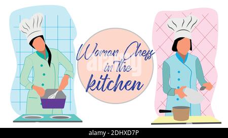 Deux différentes femmes chef dans la cuisine illustrations vectorielles modifiables Illustration de Vecteur