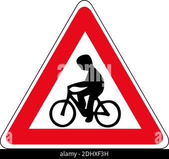 Icône vecteur route panneau cycliste dans le triangle rouge. Signez attention cycliste sur fond blanc isolé. Les calques sont regroupés pour faciliter l'édition de l'illustration. Pour yo Illustration de Vecteur