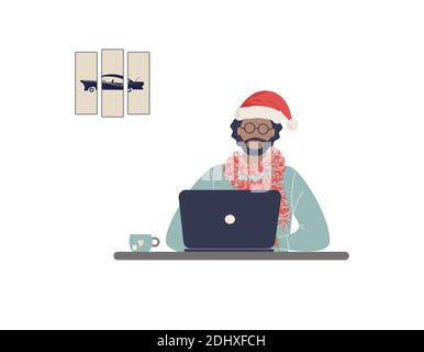 L'homme afro-américain tuteur dans le chapeau rouge du Père Noël travaillent sur ordinateur portable.travail à distance, e-learning à distance ou formation en ligne dans le cadre de Noël Illustration de Vecteur