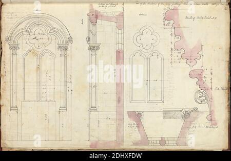 Bishop's Palace, Wells, Somerset : plan, élévations et détails de la fenêtre, Augustus Welby Northmore Pugin, 1812–1852, British, studio d'Augustus Charles Pugin, 1762–1832, Français, 1832, stylo et encre noire et violette avec lavage violet et graphite sur papier vélin moyennement épais, lisse, crème, feuille : 10 3/4 x 16 5/16 pouces (27.3 x 41.4 cm), arches, sujet architectural, colonnes (éléments architecturaux), gothique (médiéval), longue galerie, palais, sections, fenêtres, puits Banque D'Images