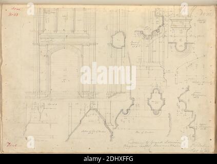 Château de raglan, Monbucshire, pays de Galles : détails de l'entrée du Grand escalier, artiste inconnu, (FT Dollman), Studio d'Augustus Charles Pugin, 1762–1832, français, anciennement Augustus Welby Northmore Pugin, 1812–1852, britannique, 1831, Graphite sur papier vélin moyen, lisse, crème, feuille : 10 5/8 x 14 15/16 pouces (27 x 37.9 cm), arches, sujet architectural, château, gothique (médiéval), plans (dessins), escalier, fenêtres, Monbucshire, château de Raglan Banque D'Images