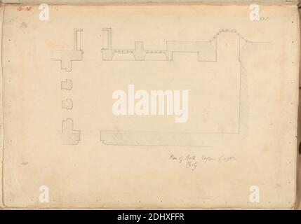 Château de raglan, Monbucshire, pays de Galles : Plan of Hall, artiste inconnu, (B Green), Studio d'Augustus Charles Pugin, 1762–1832, français, anciennement Augustus Welby Northmore Pugin, 1812–1852, britannique, non daté, graphite sur papier à colombe lisse, crème, feuille : 10 3/4 x 15 1/16 pouces (27.3 x 38.3 cm), sujet architectural, gothique (médiéval), halls, plans (dessins), Monbucshire, Château de Raglan Banque D'Images