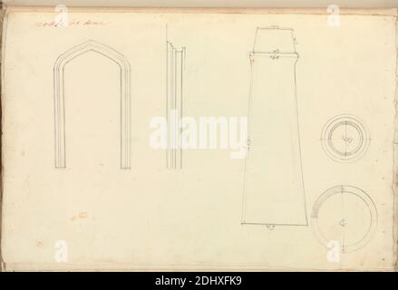 Château de raglan, Monbucshire, pays de Galles : Détails, Augustus Welby Northmore Pugin, 1812–1852, Britannique, Studio d'Augustus Charles Pugin, 1762–1832, français, non daté, graphite et stylo et encre rouge sur papier vélin moyen, lisse, crème, feuille : 9 13/16 x 15 3/16 pouces (24.9 x 38.6 cm), arches, sujet architectural, colonnes (éléments architecturaux), gothique (médiéval), sections, Monbucshire, Château de Raglan Banque D'Images