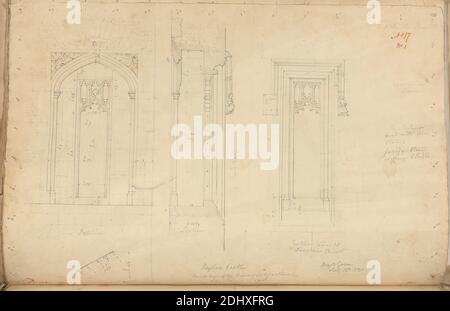 Château de raglan, Monbucshire, pays de Galles : élévations des fenêtres des appartements principaux, artiste inconnu, (B Green), Studio d'Augustus Charles Pugin, 1762–1832, français, anciennement Augustus Welby Northmore Pugin, 1812–1852, britannique, 1831, Graphite et stylo et encre rose sur papier vélin moyen, légèrement texturé, crème, feuille : 10 1/2 x 15 1/16 pouces (26.7 x 38.3 cm), sujet architectural, château, gothique (médiéval), plans (dessins), sections, fenêtres, Monbucshire, château de Raglan Banque D'Images