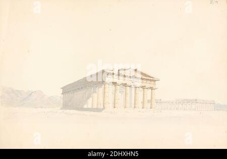 Second Temple de Hera, dans le premier, Premier Temple de Hera en arrière-plan, à Paestum, Sir Robert Smirke le plus jeune, 1781–1867, britannique, 1802-1804, aquarelle, graphite, stylo et encre brune sur modérément épais, modérément texturé, beige, papier vélin, feuille: 10 7/8 × 16 1/2 pouces (27.6 × 41.9 cm Banque D'Images