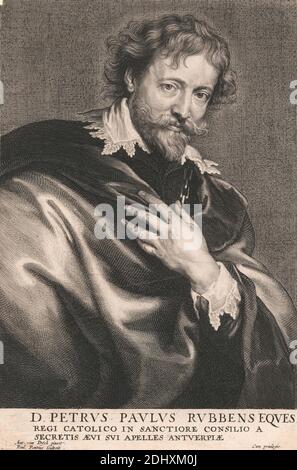 D. Petrus Paulus Rubbens Eques, REGI Catolico in Sanctiore Consilio a Secretis ævi sui Apelles Antuerpiæ, Paulus Ponce, 1603–1658, flamand, après Sir Anthony Van Dyck, 1599–1641, flamand, actif en Grande-Bretagne (1620–21; 1632–34; 1635–41), vers.1635, gravure en ligne, gravure et gravure en pointillé sur papier à poser, légèrement texturé, blanc brun, sur papier, modérément épais, modérément texturé, crème, papier à poser, support: 15 × 10 7/8 pouces (38.1 × 27.6 cm), feuille: 9 3/16 × 6 3/16 pouces (23.3 × 15.7 cm), et image: 8 1/4 × 15.4 cm (6 1/16 × 21 pouces) Banque D'Images
