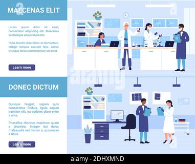 Médecins d'hôpital les gens travaillent dans le laboratoire médical vecteur d'illustration kit. Caricature homme femme médecin, infirmière personnages travaillant avec des tubes à essai de laboratoire, analyse de scan osseux, médecine antécédents de santé Illustration de Vecteur