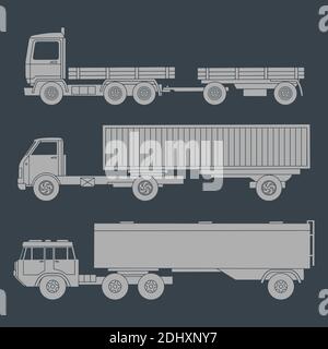 Jeu de silhouettes tracées de camions avec remorques. Illustration de Vecteur