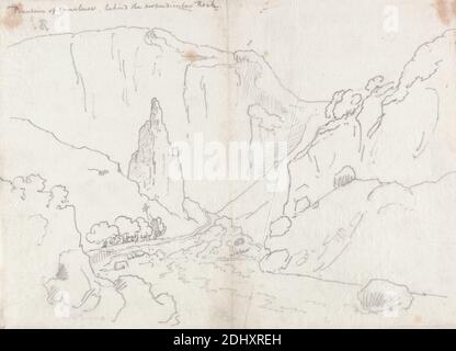 Fontaine du Vaucluse, derrière le rocher perpendiculaire, John Robert Cozens, 1752–1797, Britannique, non daté, Graphite sur papier fin, légèrement texturé, blanc, feuille: 9 1/8 x 12 3/4 pouces (23.2 x 32.4 cm), fontaines, Grand Tour, collines, paysage, rochers (formes terrestres), arbres, Europe, France, Vaucluse, Fontaine de Banque D'Images