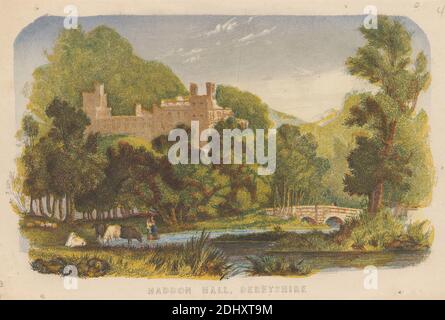 Haddon Hall, imprimé réalisé par Bradshaw & Blacklock, active vers.1850, British, After 1850, Aquatint, gravure, et bois de couleur coupé sur du papier à colombe beige doux et moyennement épais, feuille : 5 9/16 x 4 3/16 pouces (14.2 x 10.6 cm) et image : 4 5/16 x 3 1/8 pouces (11 x 8 cm), sujet architectural, pont (travaux construits), nuages, vaches, agriculteurs, forêt, herbe, hall, collines, maison, paysage, plantes, roseaux, rivière, arbres, Bakewell, Derbyshire, Angleterre, Haddon Hall, Royaume-Uni Banque D'Images