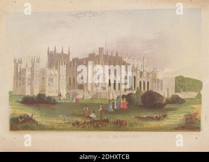 Eaton Hall, imprimé par Bradshaw & Blacklock, active vers 1850, British, After 1850, gravure et peinture du bois sur du papier de vélin crème légèrement épais, lisse, feuille: 5 7/16 x 7 3/8 pouces (13.8 x 18.8 cm) et image: 4 5/16 x 6 3/4 pouces (10.9 x 17.2 cm), arches, sujet architectural, bonnets, buissons, sculpture, enfants, manteaux, duc de Westminster (titre), jardin, hall, manoir, hommes, nobles, palais, sculpture, flèches, bâtons de marche, escaliers, statues, tours, marche, fenêtres, femmes, Cheshire, Eaton Hall, Angleterre, Royaume-Uni Banque D'Images