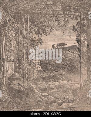 The Sleeping Shepherd, imprimé par Samuel Palmer, 1805–1881, britannique, active en Italie (1837–39), 1857, Etching et point sec sur papier vélin épais, lisse et crème avec colé de chine crème, feuille: 4 13/16 x 4 1/16 pouces (12.2 x 10.3 cm), plaque: 4 13/16 x 10.3 cm (4 1/16 x 12.2 pouces) et image : 3 3/4 x 3 1/16 pouces (9.5 x 7.8 cm), art animal, grange, oiseaux, livre, bétail, tissu, vaches, agriculture, champs, genre sujet, chapeau, foin, travail, échelle, paysage, feuilles, lumière, oxen, charrue, mouton, abri, berger, dormir, personnel, paille, arbres, trellis, vigne Banque D'Images