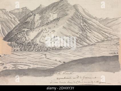 Bagneres-de-Bigorre, France, Henry Swinburne, 1743–1803, Britannique, non-tondu, encre stylo et grise, encre noire, graphite, et lavage gris sur papier moyennement texturé, crème, posé, monté sur, modérément épais, légèrement texturé, crème, papier vélin, montage: 16 3/8 × 11 1/8 pouces (41.6 × 28.3 cm) et feuille: 5 13/16 × 20.8 cm (8 3/16 × 14.8 pouces) Banque D'Images